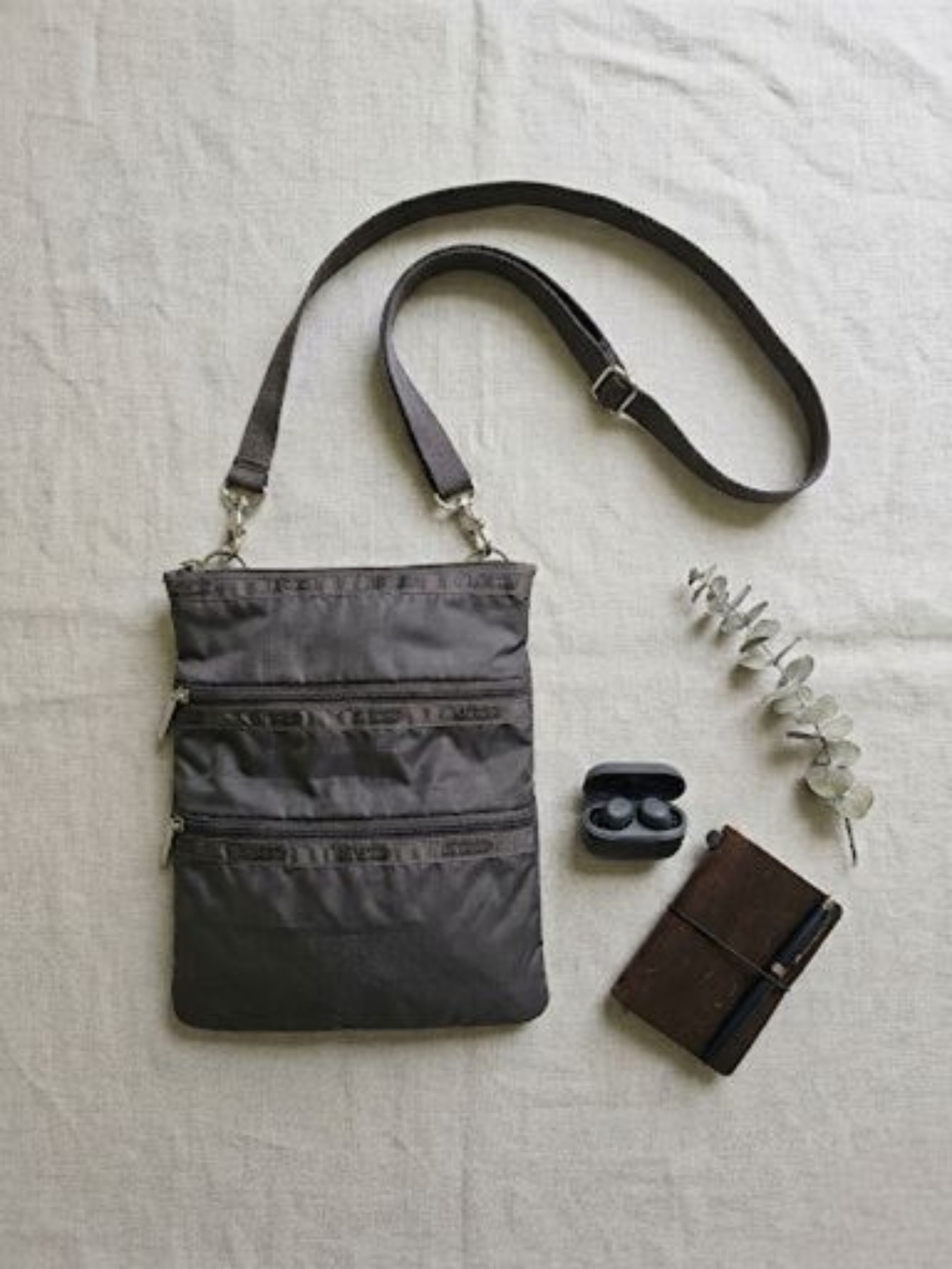 EUC LeSportsac Unisex 3-Zip Nylon Crossbody Bag - Charcoal Gray Travel Sporty
